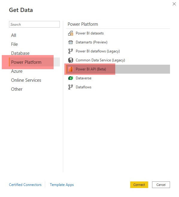 Shows the "get data" menu in Power BI with Power Platform / Power BI API (Beta) highlighted