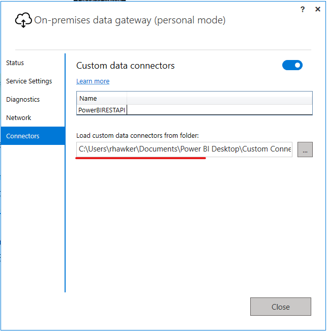 A screenshot of the Power BI Gateway with the connectors tab highlighted.  The folder path for the custom connector (.mez) file is shown.  (Note I haven't included the path in alt text because this will be different on different machines).