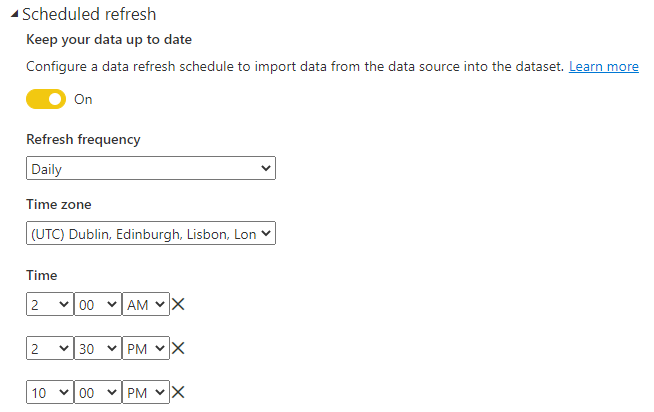 Shows the 3 scheduled refresh times for the dataset (2am, 2.30pm, 10pm).