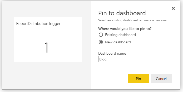 Shows the pin to dashboard dialogue with options "existing dashboard" and "new dashboard".
