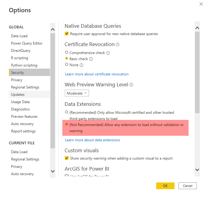Shows the Options menu in Power BI Desktop with the appropriate security setting selected - "Data Extensions / (Not Recommended) Allow any extension to load without validation or warning).