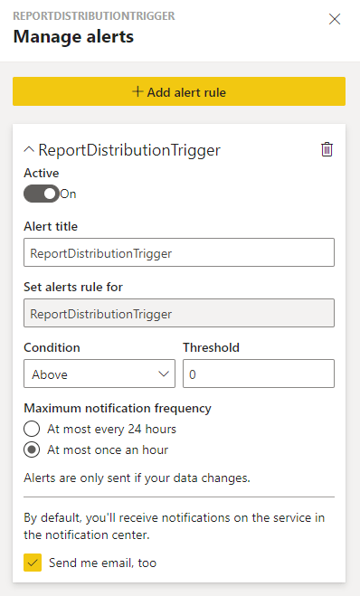 Shows the details of the alert I set up with the alert title, the condition (Above 0) and notification frequency of "at most once an hour".  "Send me email too" is ticked.