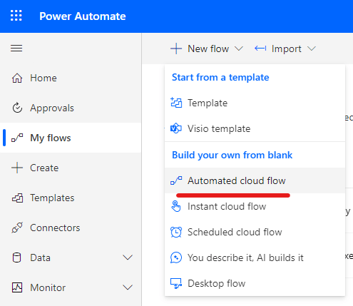 Shows the Power Automate option to create a new "Automated Cloud Flow".