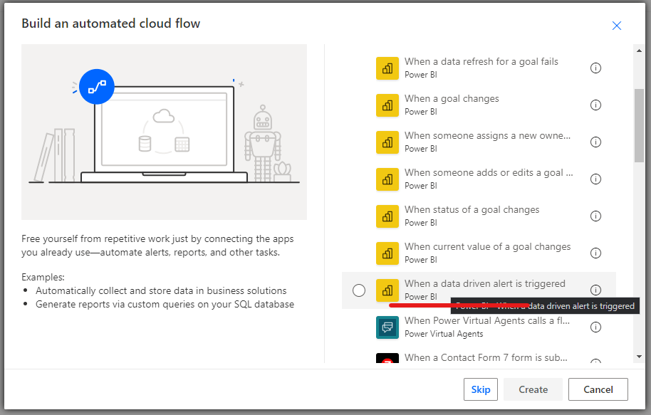 Shows the list of Power Automate Power BI triggers including the highlighted one "When a data driven alert is triggered".