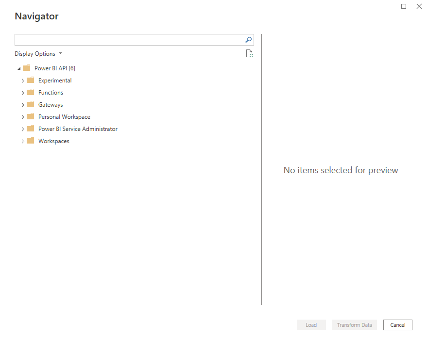 Shows the various connector options from the Power BI API connector in Power BI desktop.