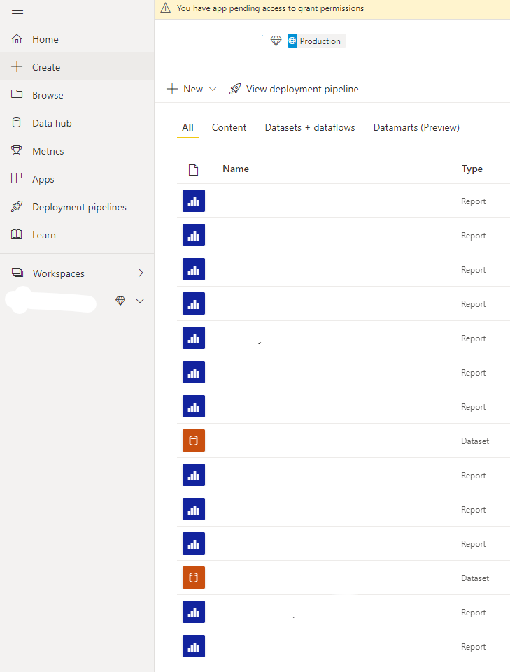 Shows the Power BI workspace with a list of reports and datasets.