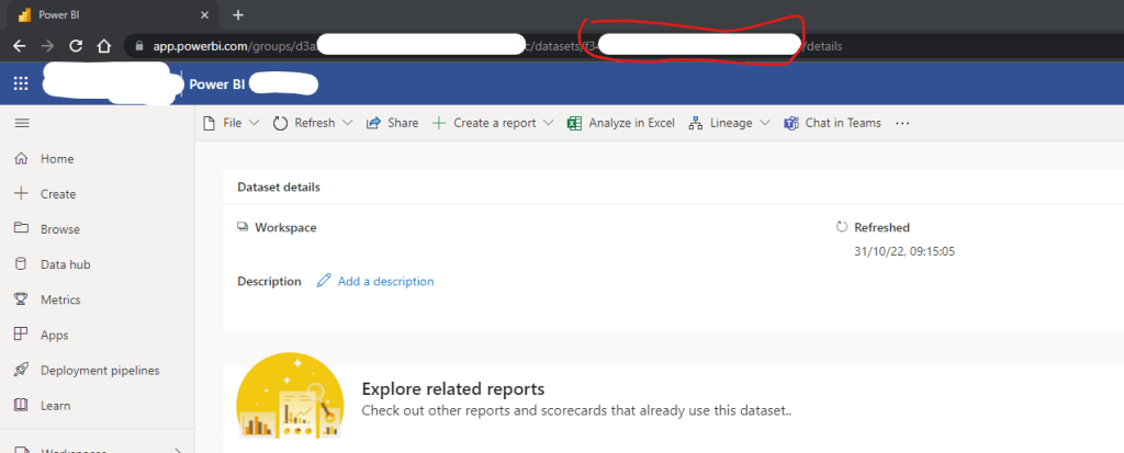 Shows the Dataset we are interested in and a URL.  The URL has a red ring around the area where the dataset ID can be found.

This is the next string after "datasets/" in the URL and before the next "/".