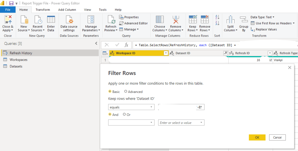 Shows the Power Query filter to only see the refresh history for the relevant dataset.