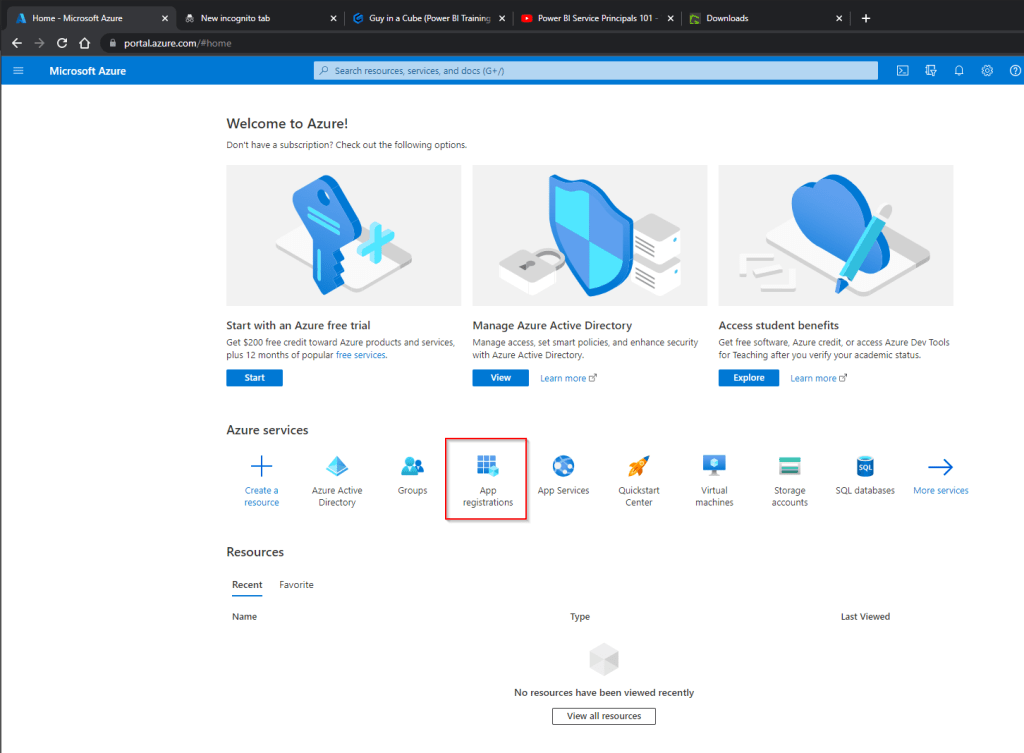 Image of the Azure Portal with App Registrations highlighted.